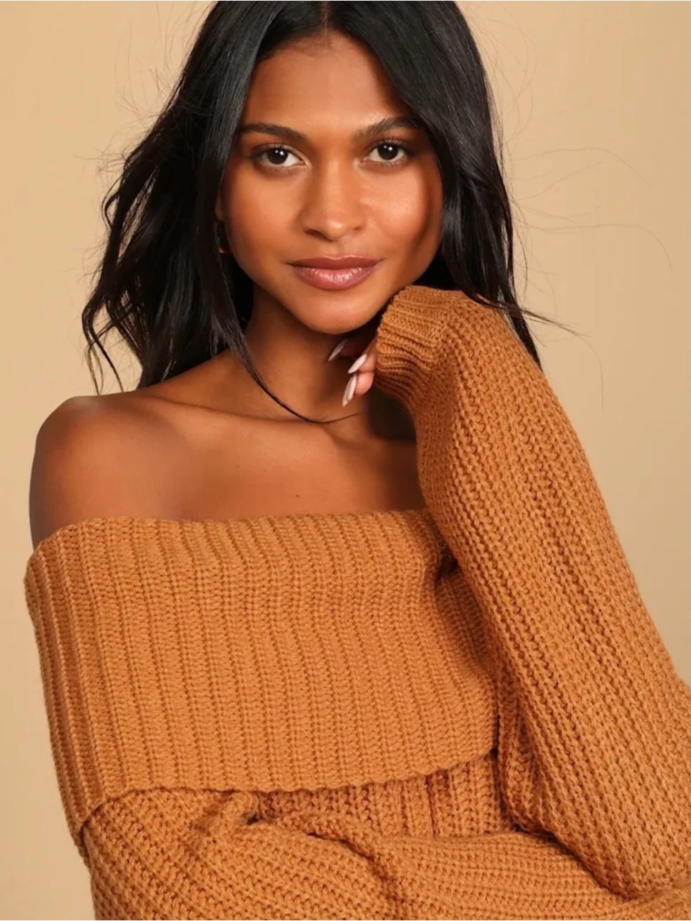 Off-Shoulder Chunky Knit Sweater in Caramel